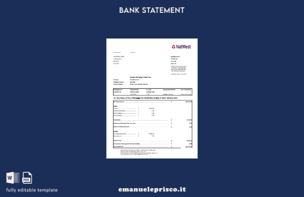 Modello Excel di estratto conto bancario NatWest in stile verificato del Regno U